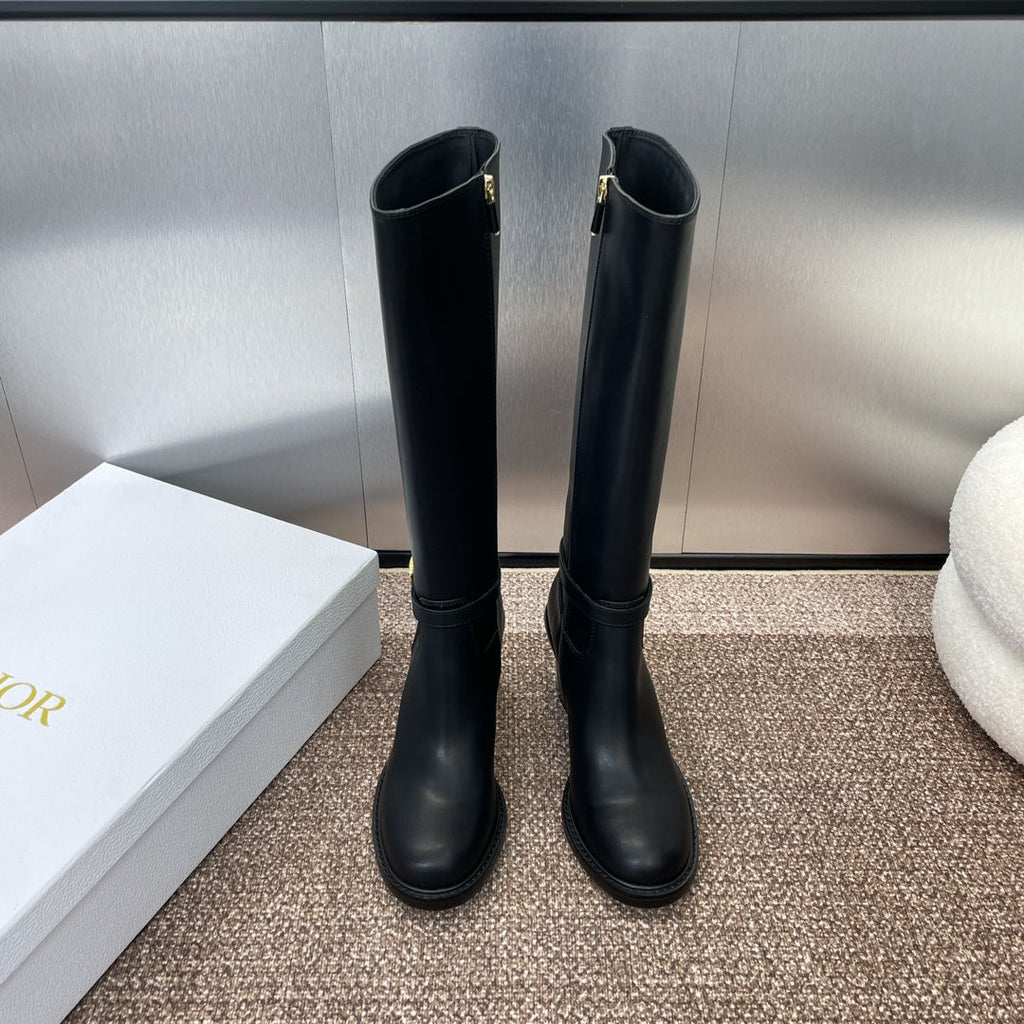 DIOR 25S MONTAIGNE TALL BOOTS 70MM IN BLACK CALFSKIN