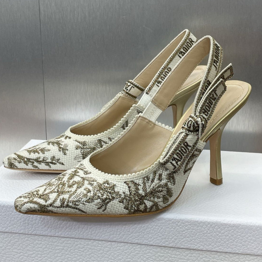 J'ADIOR HIGH SLINGBACK PUMP WHITE AND GOLD-TONE MILLEFIORI JACQUARD 95 MM