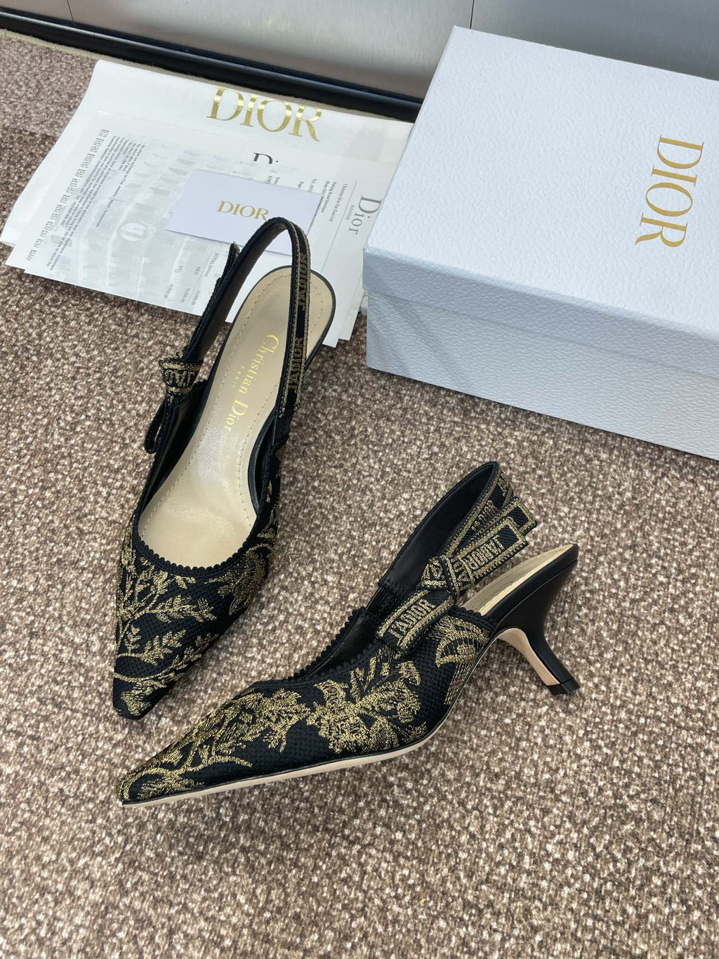 J'ADIOR HIGH SLINGBACK PUMP BLACK AND GOLD-TONE MILLEFIORI JACQUARD 65 MM