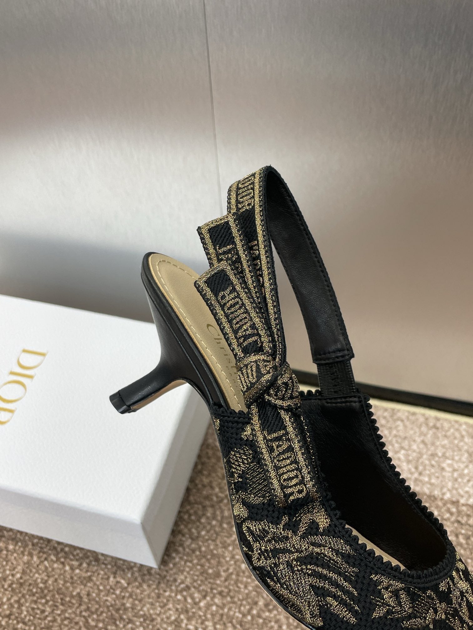 J'ADIOR HIGH SLINGBACK PUMP BLACK AND GOLD-TONE MILLEFIORI JACQUARD 65 MM