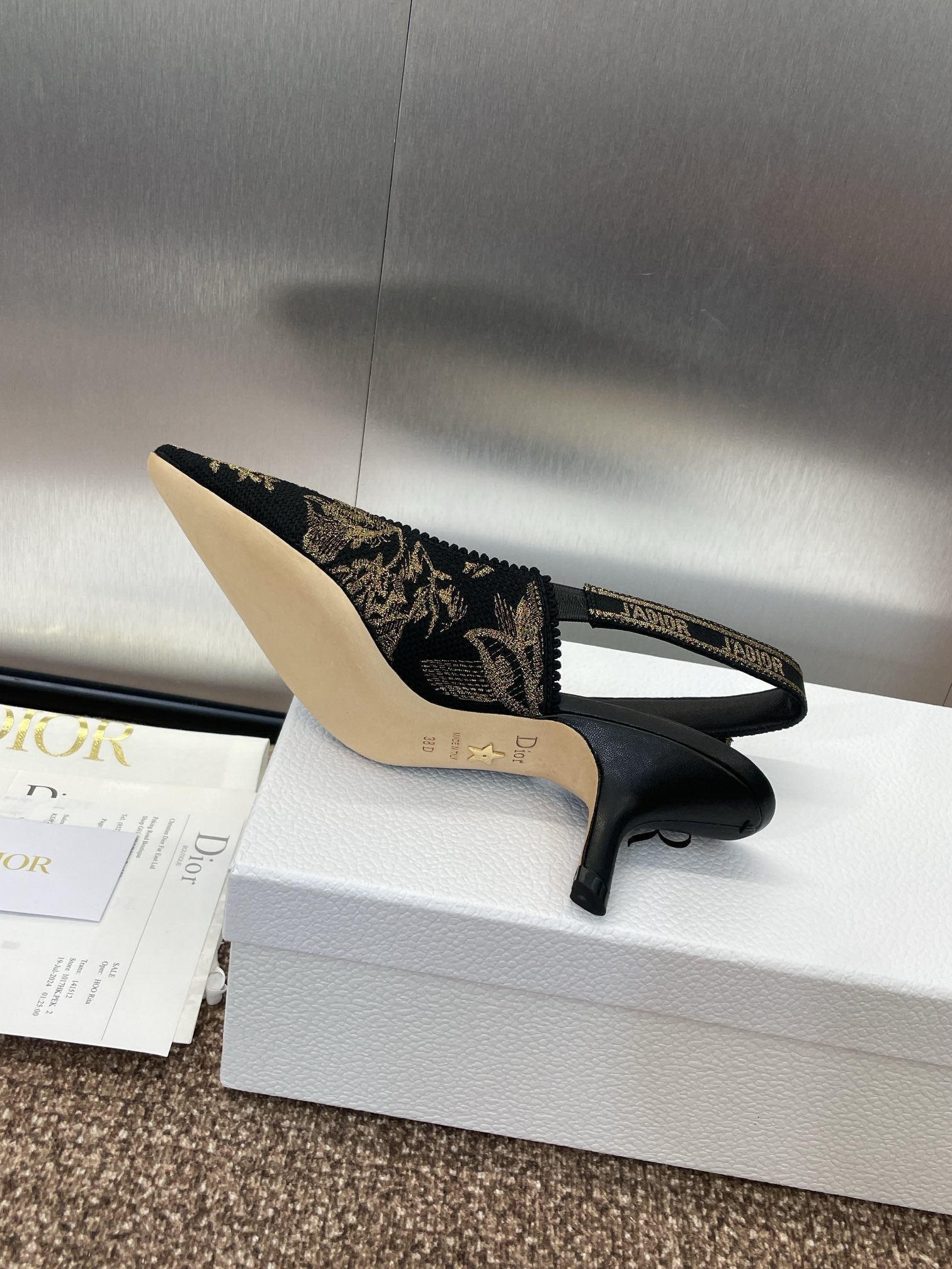 J'ADIOR HIGH SLINGBACK PUMP BLACK AND GOLD-TONE MILLEFIORI JACQUARD 65 MM