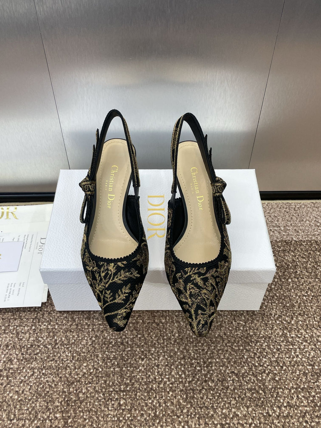 J'ADIOR HIGH SLINGBACK PUMP BLACK AND GOLD-TONE MILLEFIORI JACQUARD 65 MM