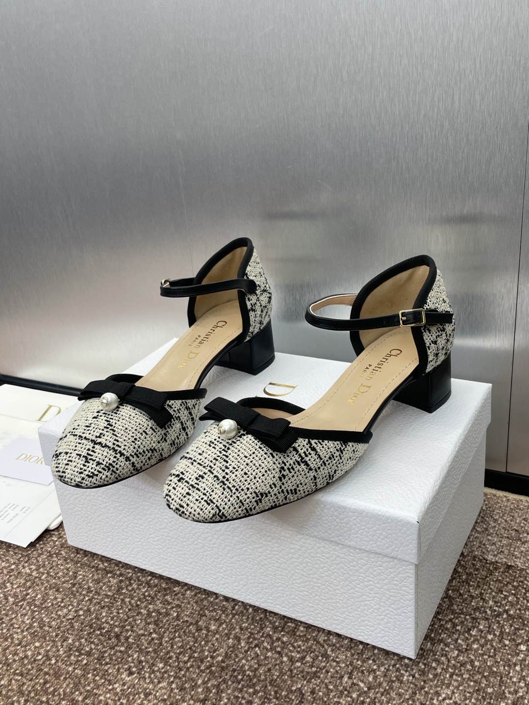 BALLET SLINGBACK PUMP IN WHITE MIX BLACK EMBROIDERED CANNAGE TWEED 35 MM