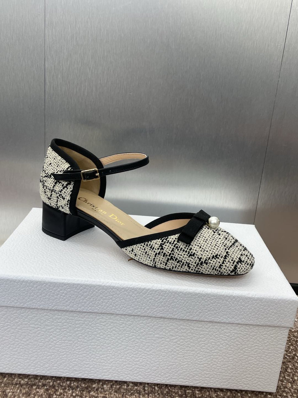 BALLET SLINGBACK PUMP IN WHITE MIX BLACK EMBROIDERED CANNAGE TWEED 35 MM