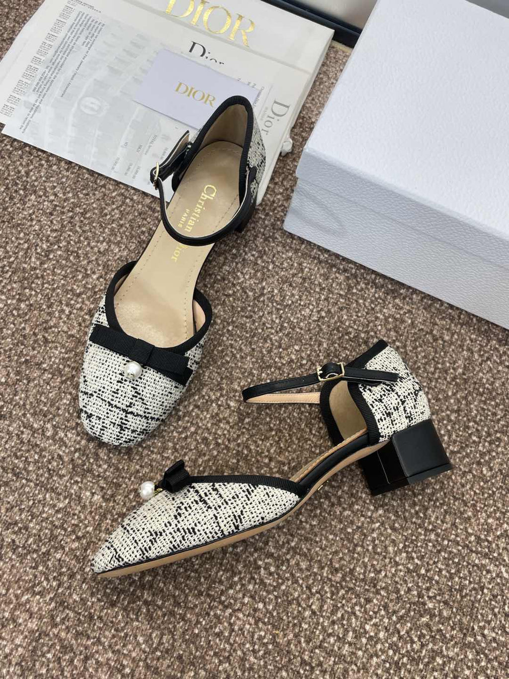 BALLET SLINGBACK PUMP IN WHITE MIX BLACK EMBROIDERED CANNAGE TWEED 35 MM