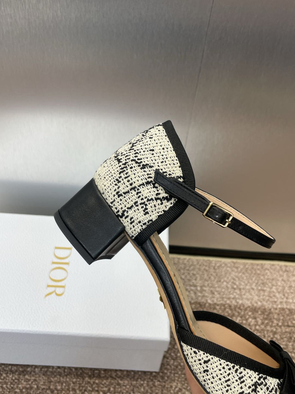 BALLET SLINGBACK PUMP IN WHITE MIX BLACK EMBROIDERED CANNAGE TWEED 35 MM