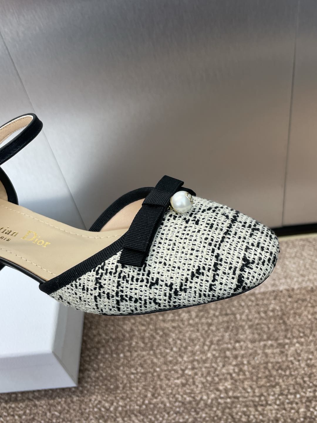 BALLET SLINGBACK PUMP IN WHITE MIX BLACK EMBROIDERED CANNAGE TWEED 35 MM