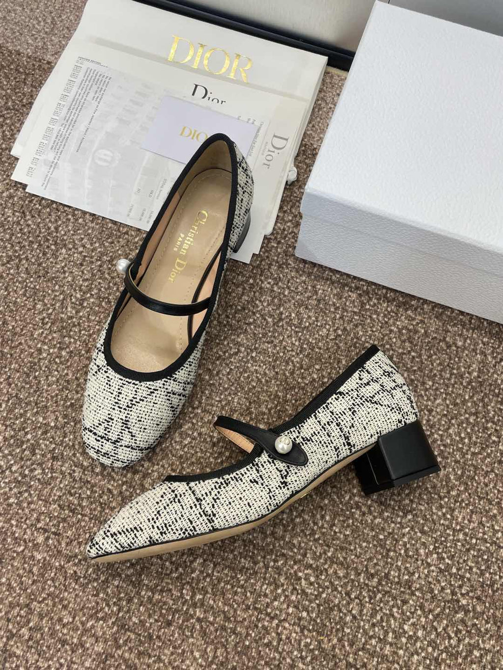 D-RAMOUR BALLET FLATS IN WHITE MIX BLACK EMBROIDERED CANNAGE TWEED 35 MM