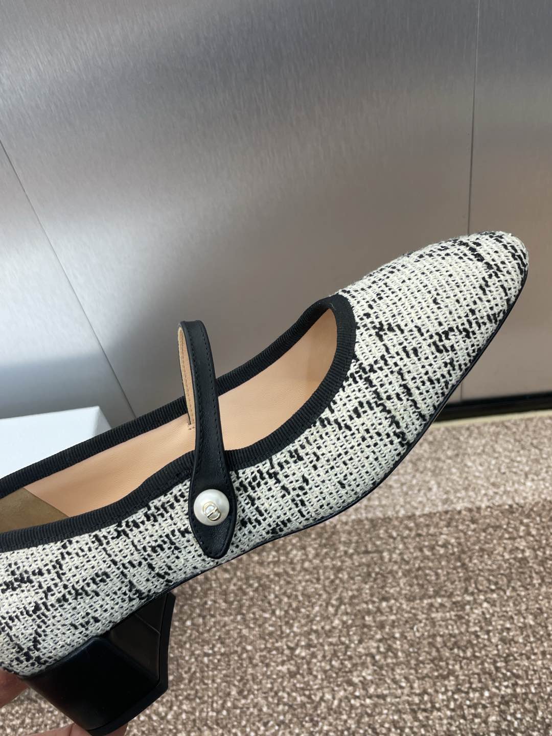 D-RAMOUR BALLET FLATS IN WHITE MIX BLACK EMBROIDERED CANNAGE TWEED 35 MM