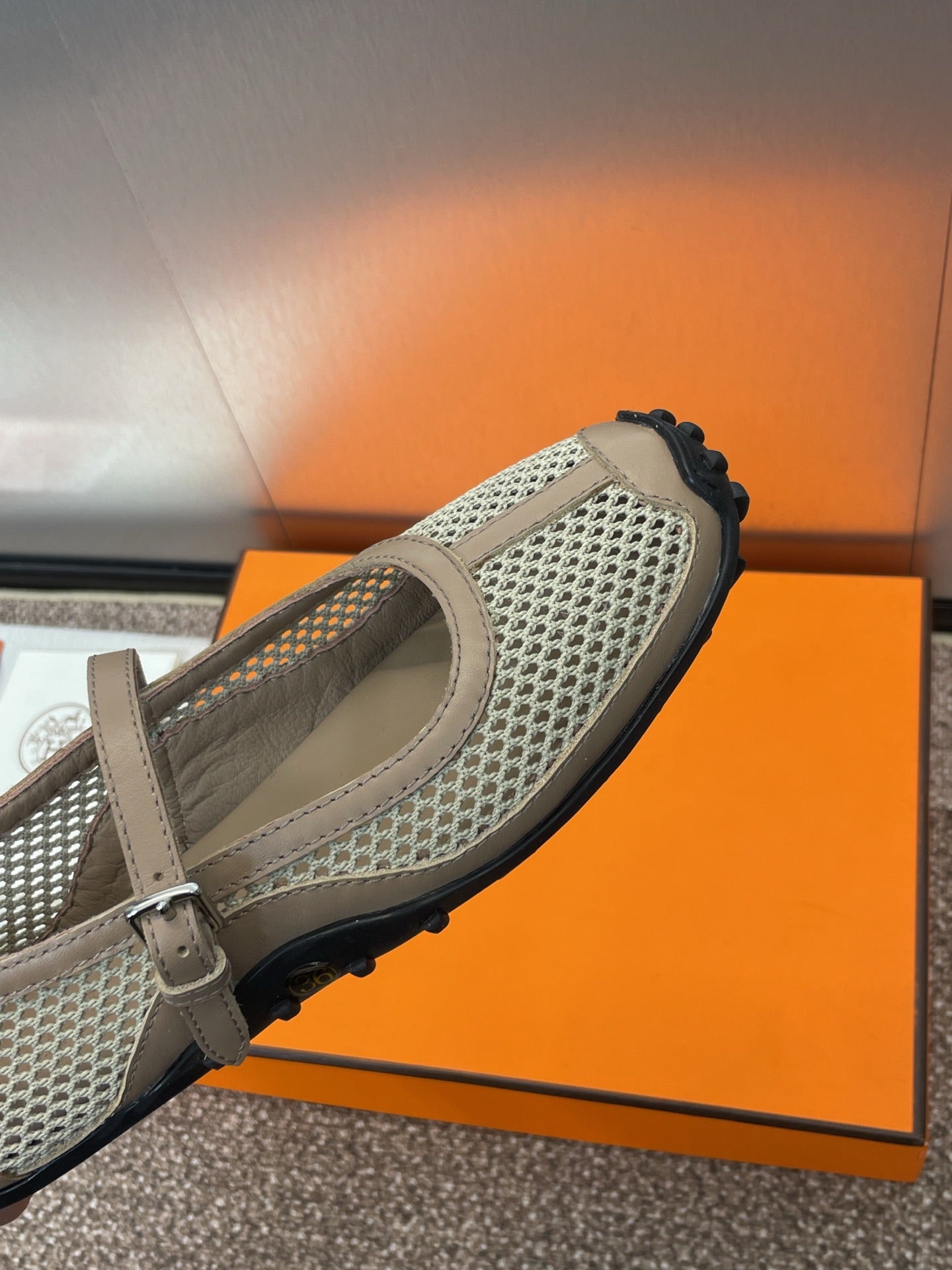 KICHU BALLET FLAT IN MOCHA BROWN CROCHET KNIT AND CALFSKIN