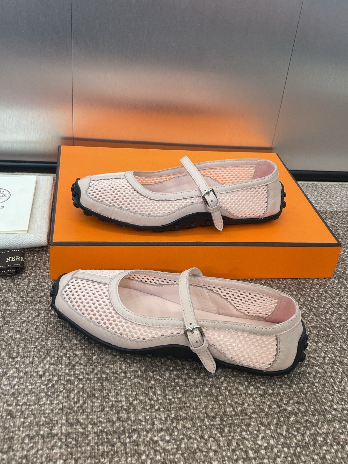 KICHU BALLET FLAT IN LIGHT PINK CROCHET KNIT AND CALFSKIN