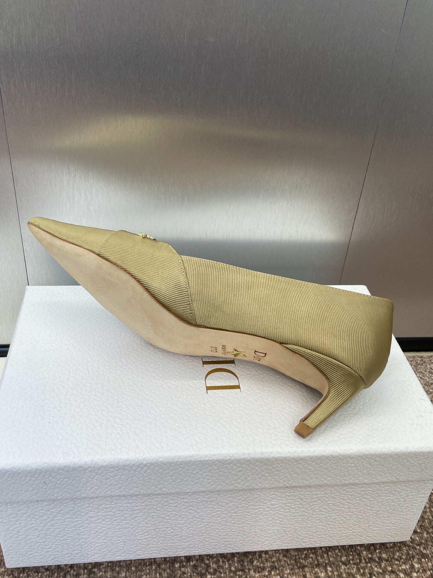 MY DD 25S HIGH HEEL 55MM IN KHAKI GOLD FABRIC GOLD LOGO