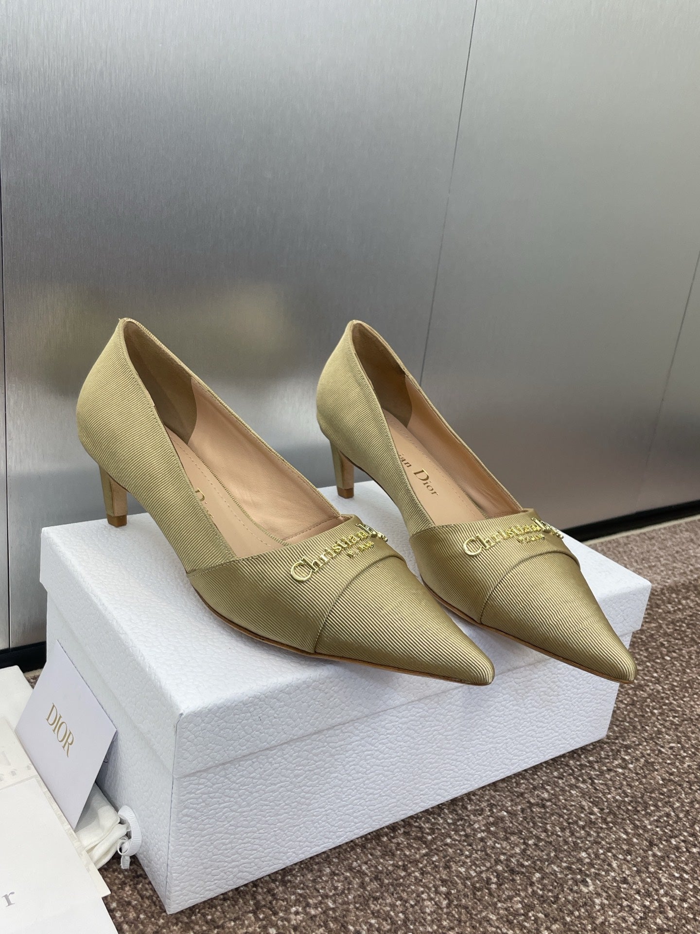 MY DD 25S HIGH HEEL 55MM IN KHAKI GOLD FABRIC GOLD LOGO