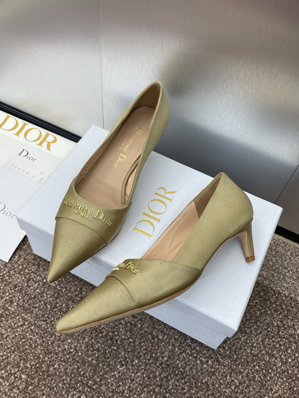 MY DD 25S HIGH HEEL 55MM IN KHAKI GOLD FABRIC GOLD LOGO