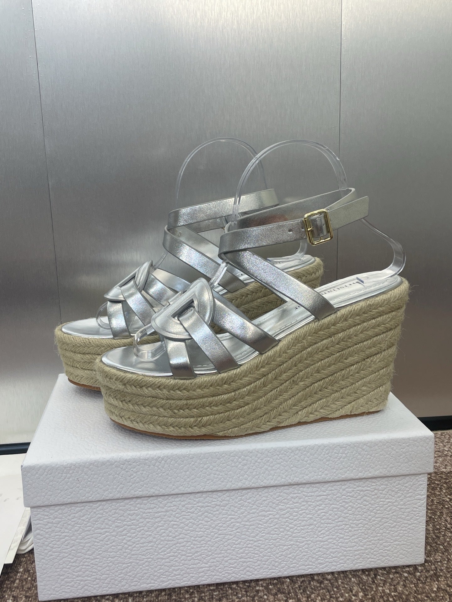 D-CLUB 25S HIGH HEEL WEDGE 100MM IN SILVER GLOSSY CALFSKIN RAFFIA SOLE