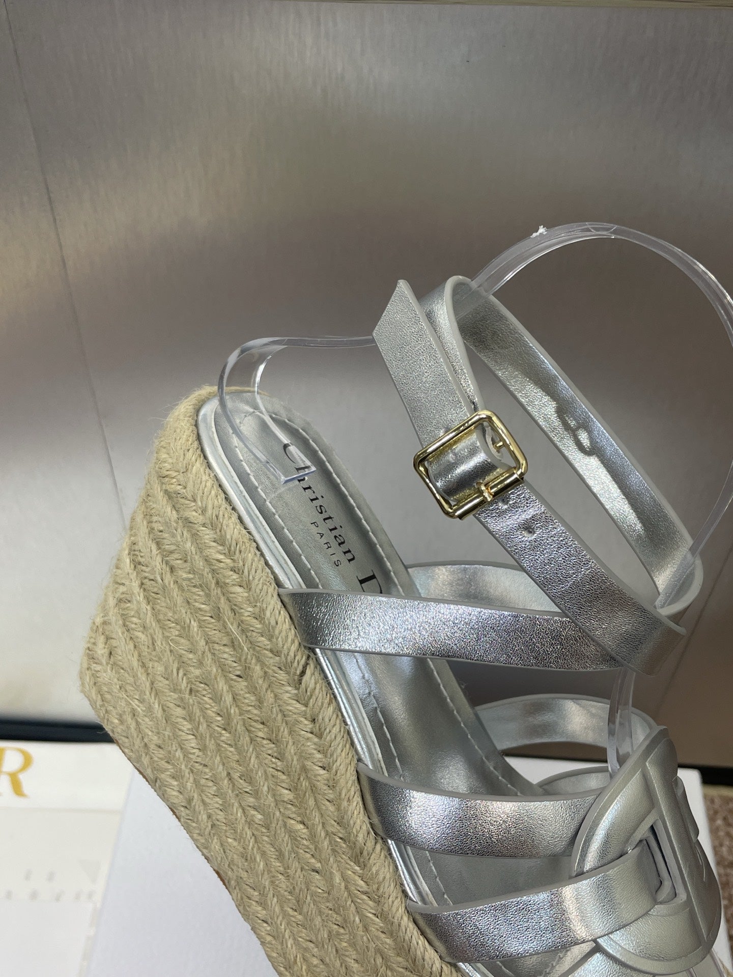 D-CLUB 25S HIGH HEEL WEDGE 100MM IN SILVER GLOSSY CALFSKIN RAFFIA SOLE