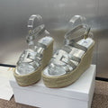D-CLUB 25S HIGH HEEL WEDGE 100MM IN SILVER GLOSSY CALFSKIN RAFFIA SOLE