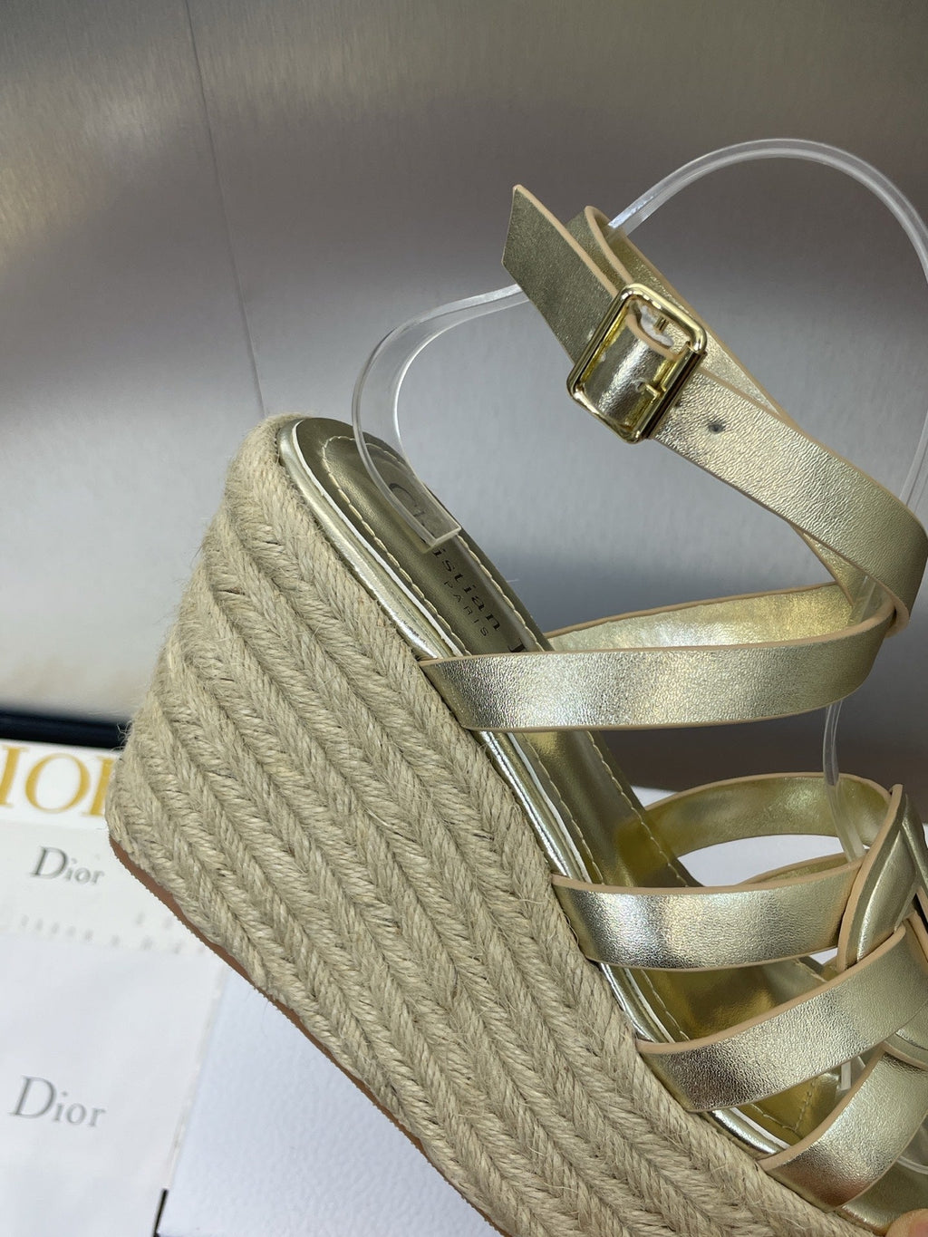 D-CLUB 25S HIGH HEEL WEDGE 100MM IN GOLD GLOSSY CALFSKIN RAFFIA SOLE