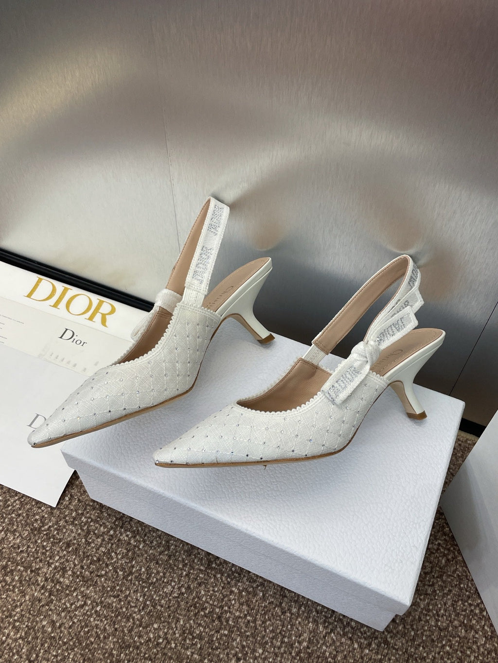 J'ADIOR SLINGBACK 25S PUMP 65MM IN WHITE FABRIC EMBOSSED CRYSTAL