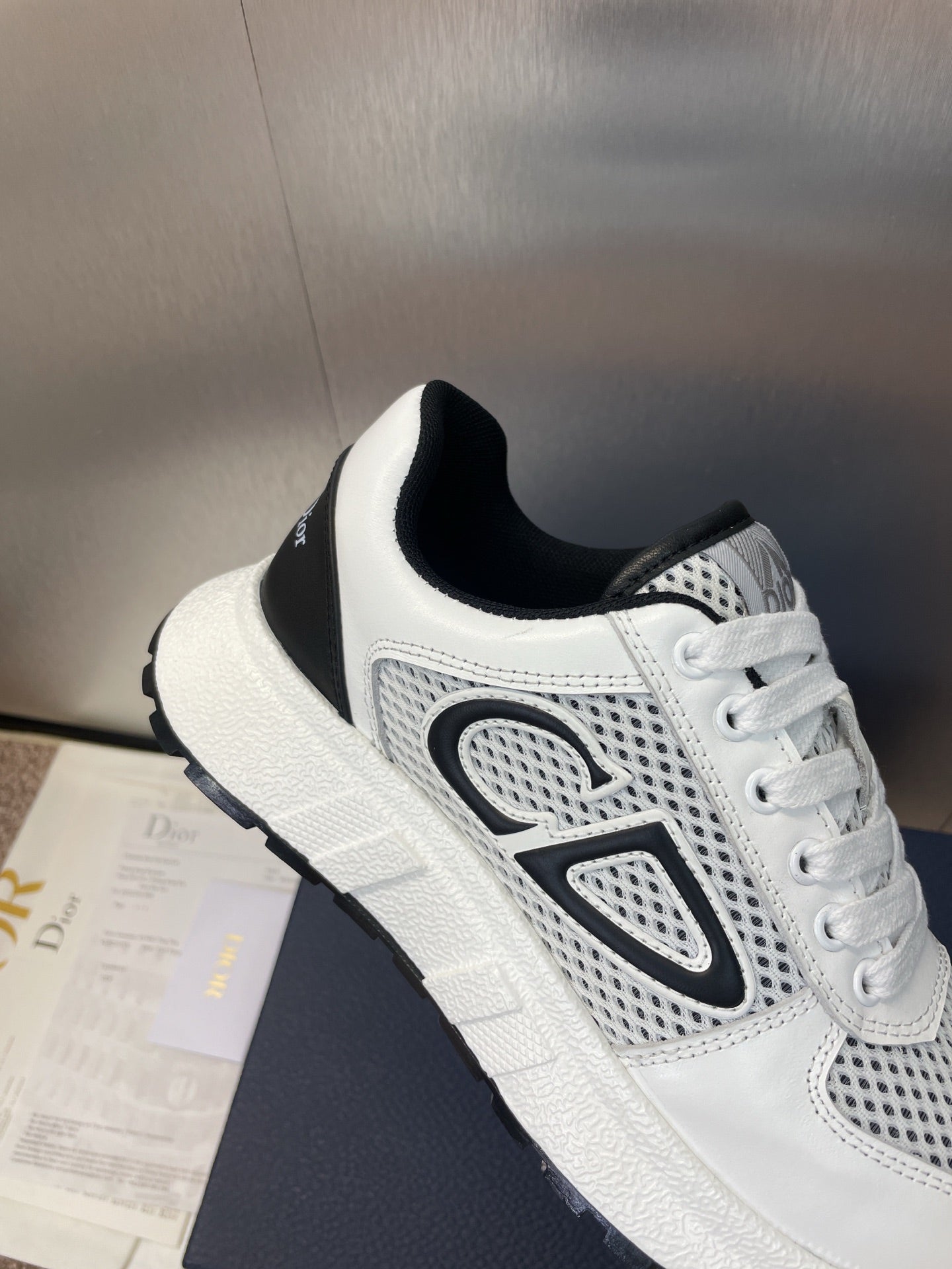 DIOR 25S D-RUN'N COUPLE SNEAKERS IN WHITE BLACK CALFSKIN AND MESH