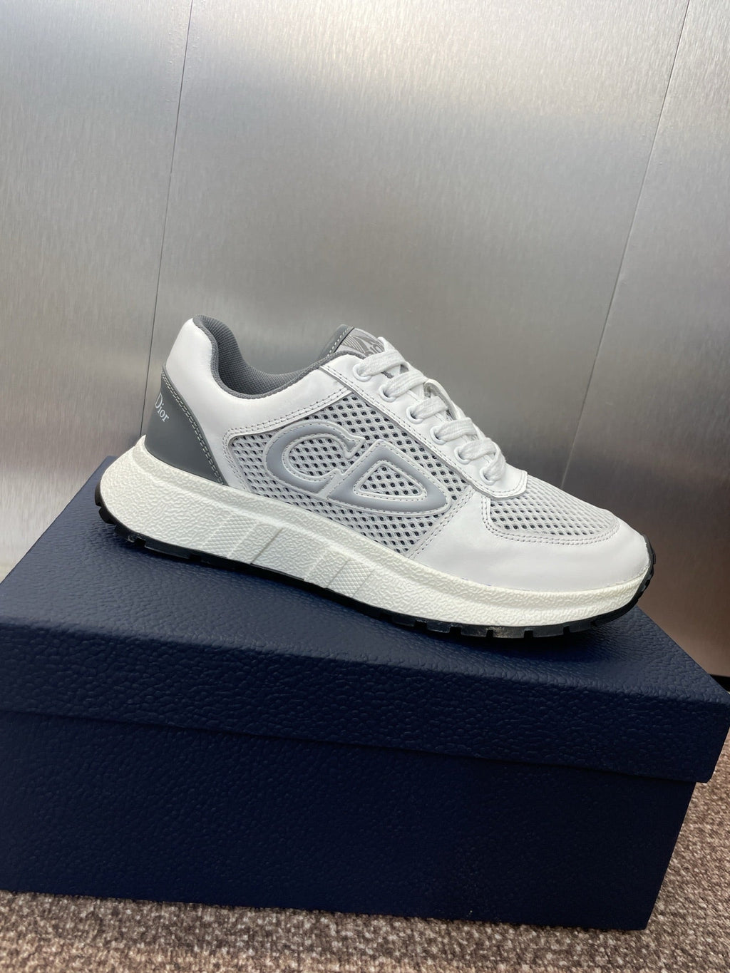 DIOR 25S D-RUN'N COUPLE SNEAKERS IN WHITE GRAY CALFSKIN AND MESH