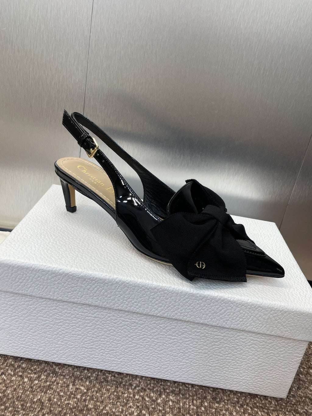 DIOR 25S SLINGBACK PUMP 55MM IN BLACK PATENT CALFSKIN AND GROSGRAIN