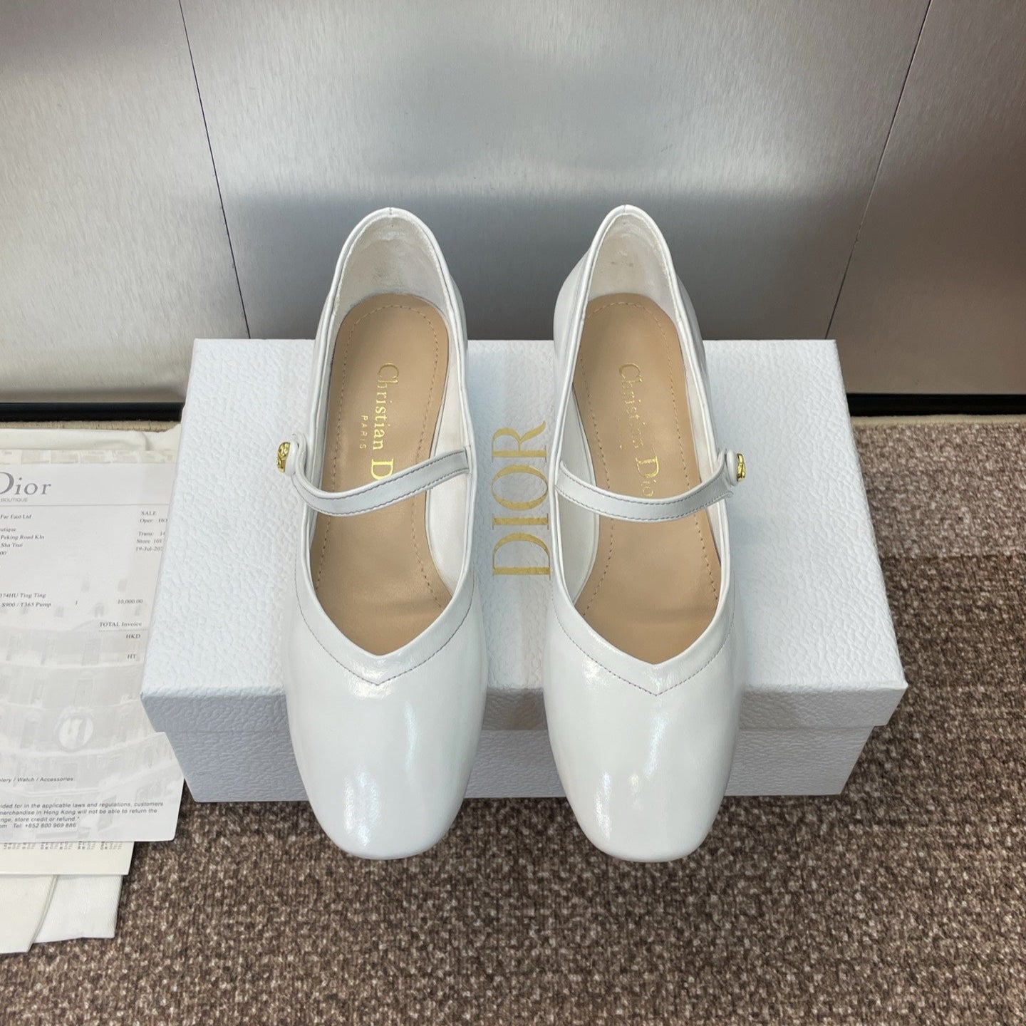 DIOR 25S ROUND-TOE MARY JANE BALLET FLATS IN WHITE CALFSKIN