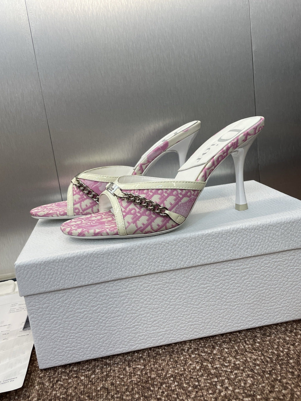 DIOR 25S HIGH HEELS PUNK 85MM IN PINK WHITE CALFSKIN AND CANVAS