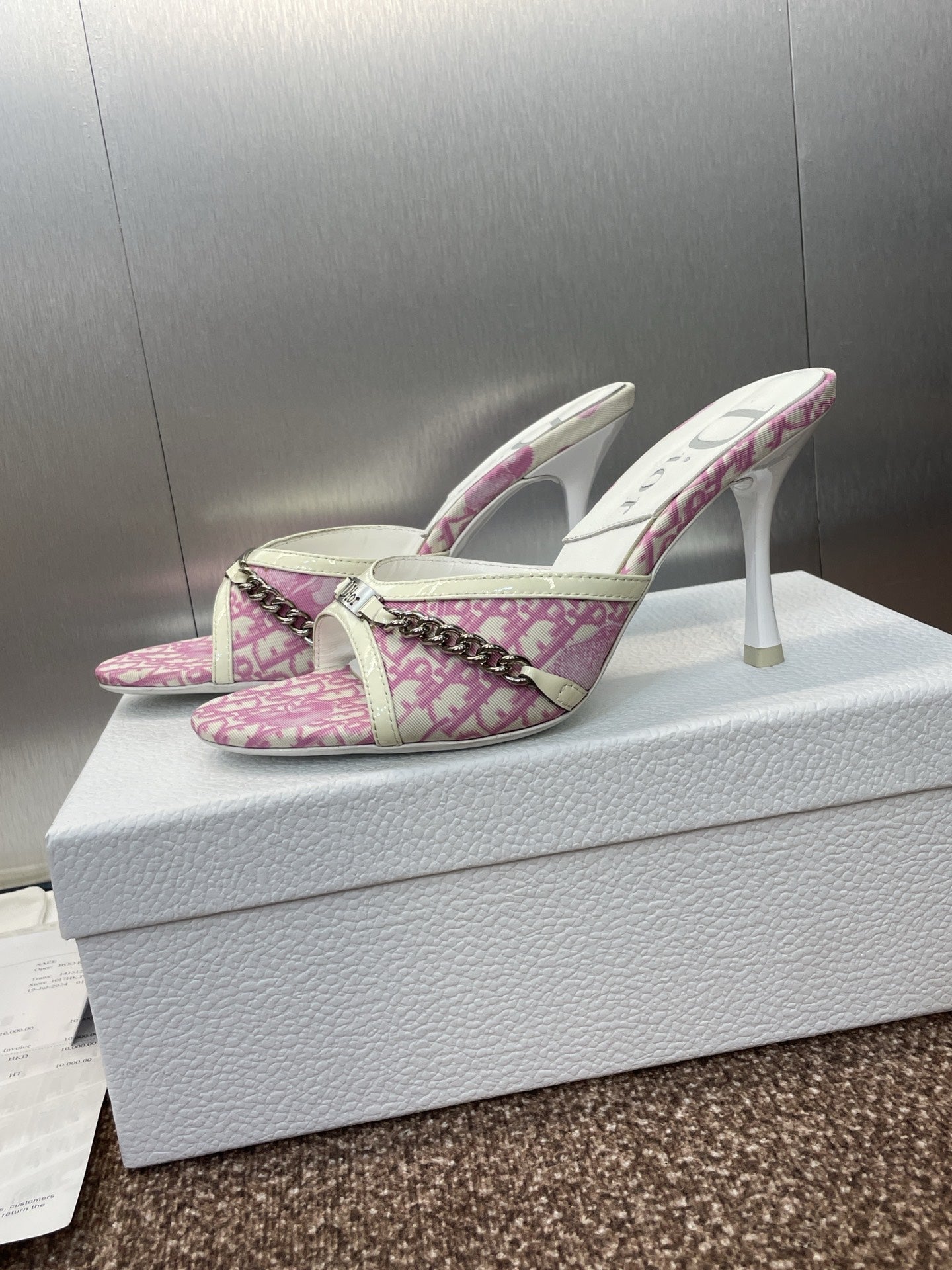 DIOR 25S HIGH HEELS PUNK 85MM IN PINK WHITE CALFSKIN AND CANVAS