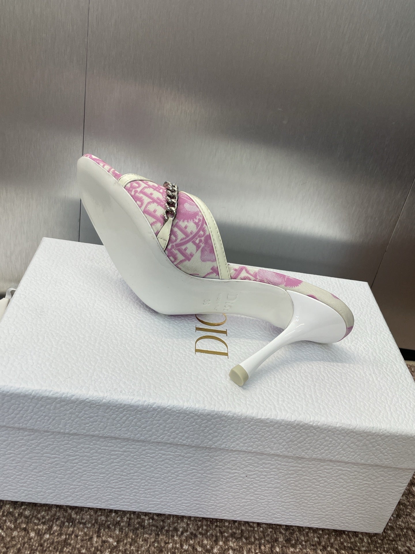 DIOR 25S HIGH HEELS PUNK 85MM IN PINK WHITE CALFSKIN AND CANVAS