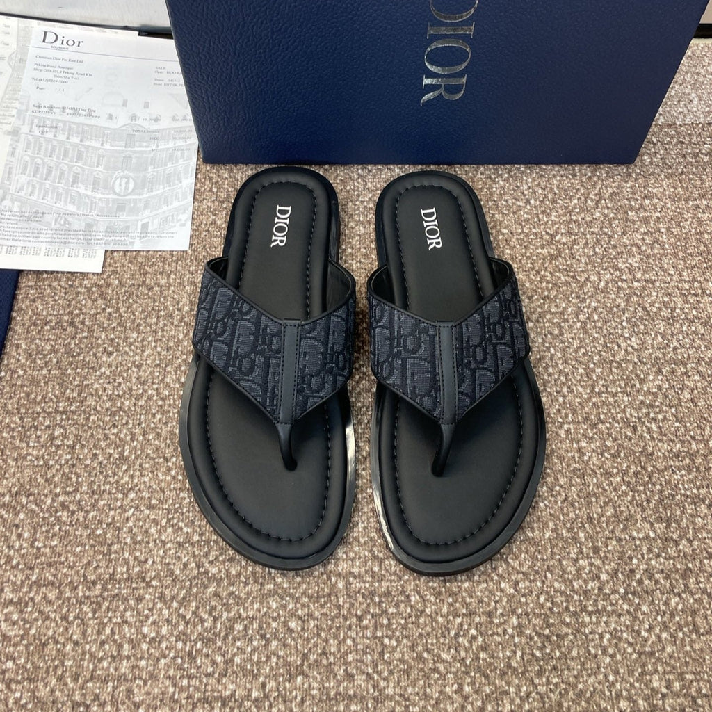 DIOR 25S ALIAS THONG SANDAL IN NAVY BLACK CALFSKIN AND CANVAS