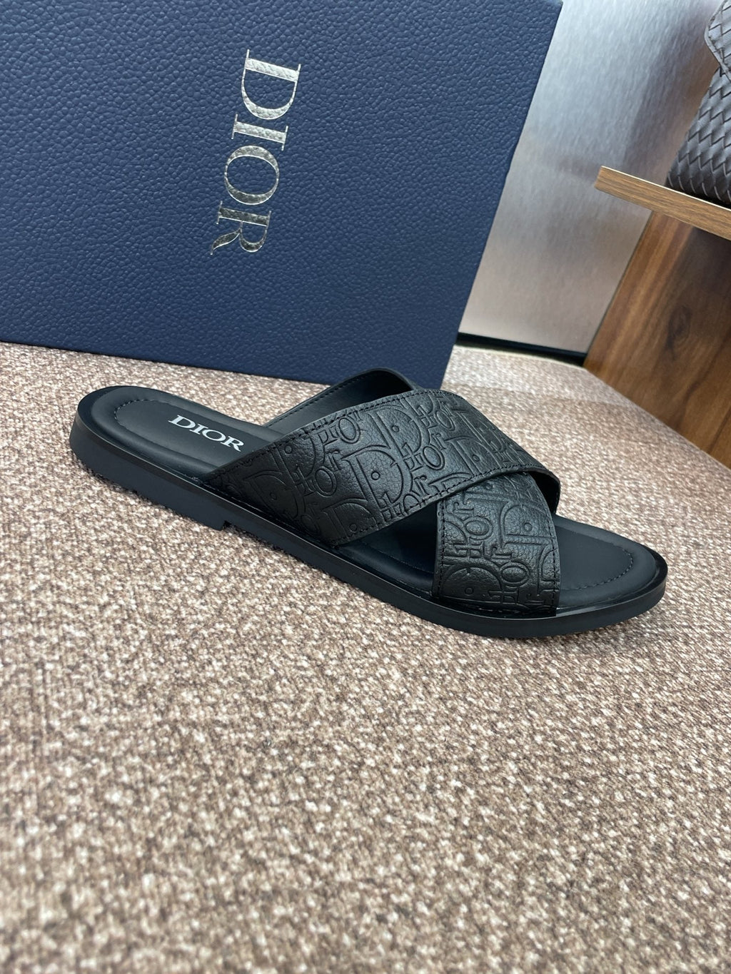 DIOR 25S ALIAS CROSS-STRAP SLIDES IN BLACK CALFSKIN
