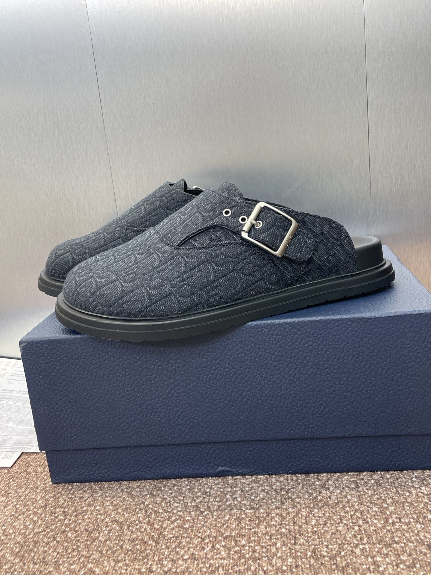 DIOR 25S AQUA MULES WITH OBLIQUE PATTERN IN DARK BLUE CANVAS