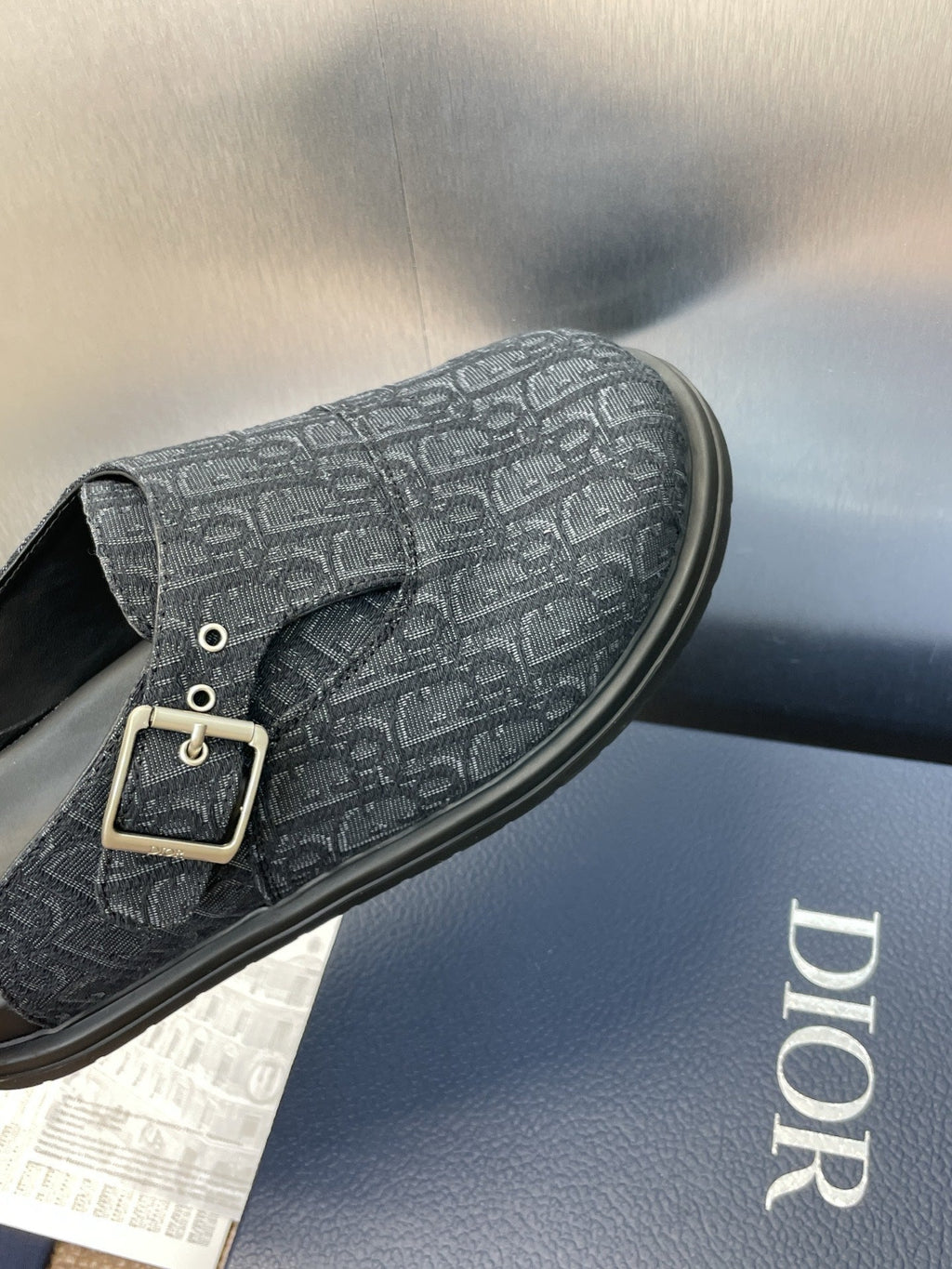 DIOR 25S AQUA MULES WITH OBLIQUE PATTERN IN DARK BLUE CANVAS