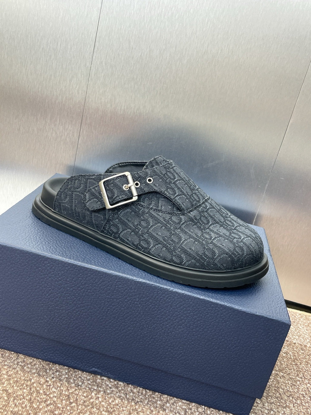 DIOR 25S AQUA MULES WITH OBLIQUE PATTERN IN DARK BLUE CANVAS