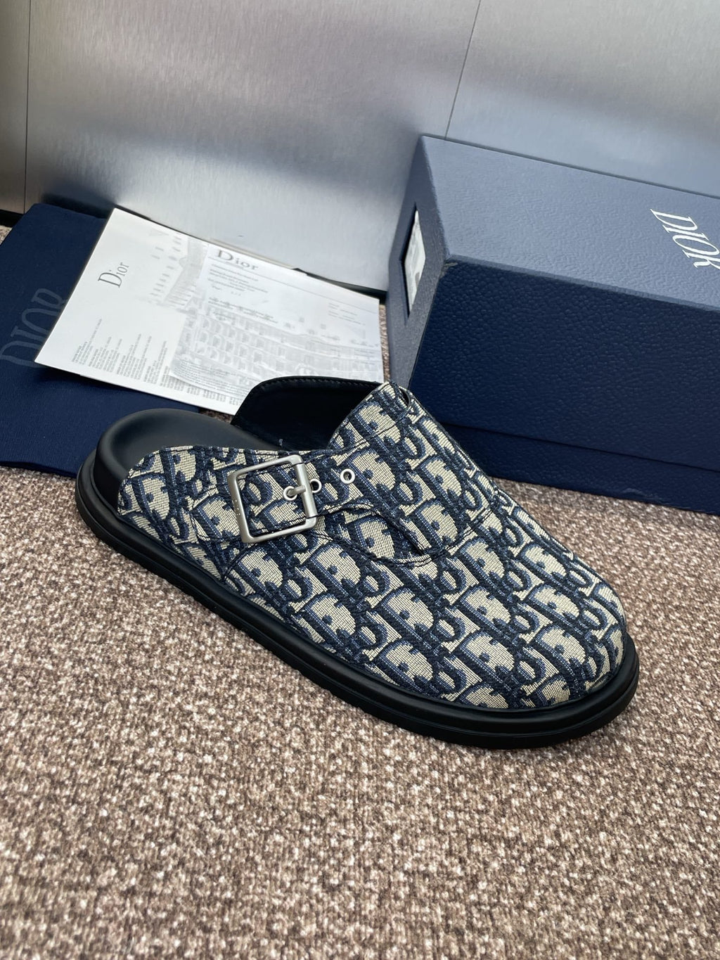 DIOR 25S AQUA MULES WITH OBLIQUE PATTERN IN DEEP BLUE CANVAS