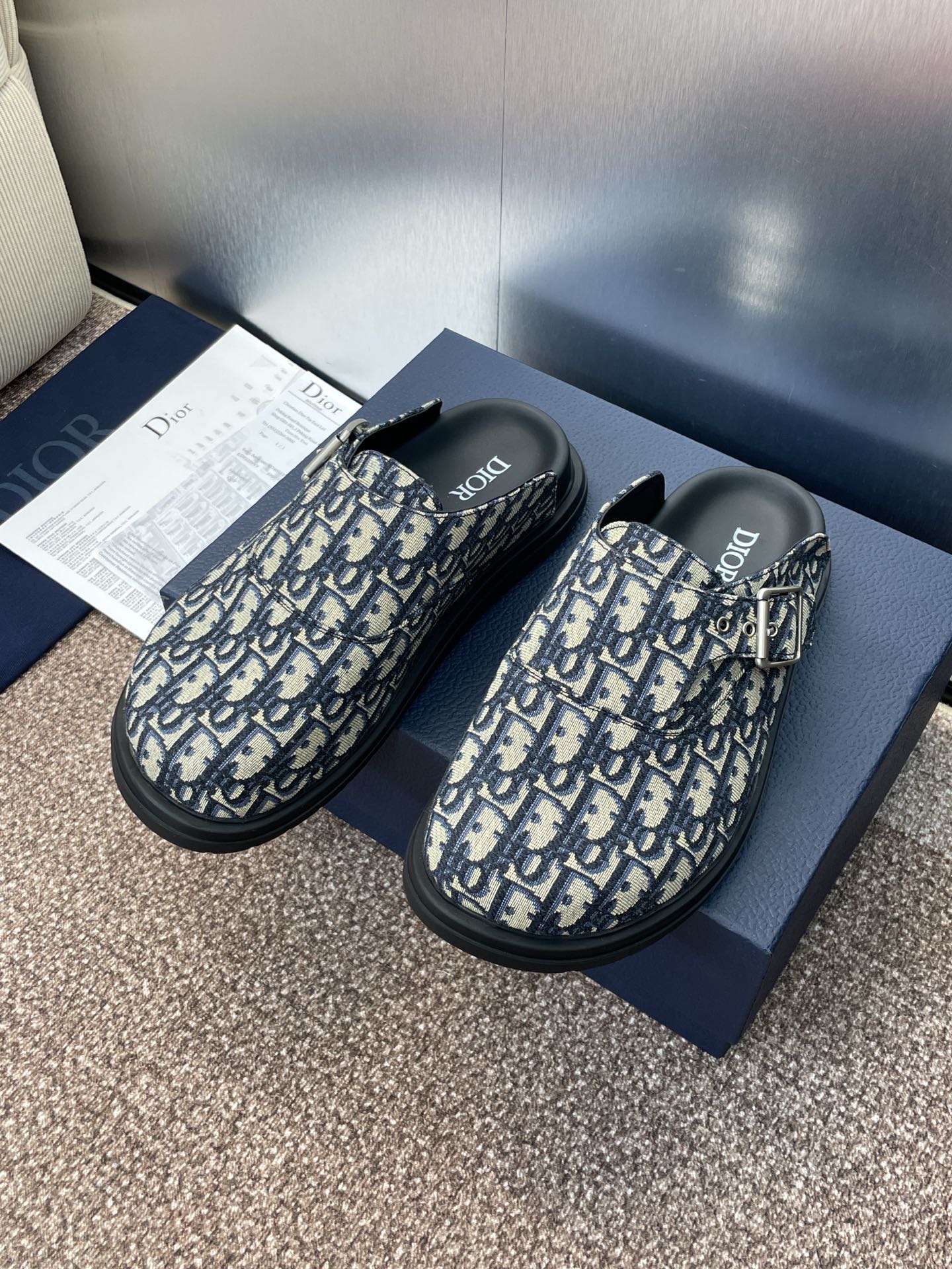 DIOR 25S AQUA MULES WITH OBLIQUE PATTERN IN DEEP BLUE CANVAS