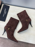 YSL 25S NIKI POINTED-HEEL ANKLE BOOTS 95 MM IN DARK BROWN SUEDE WITH GOLD HARDWARE