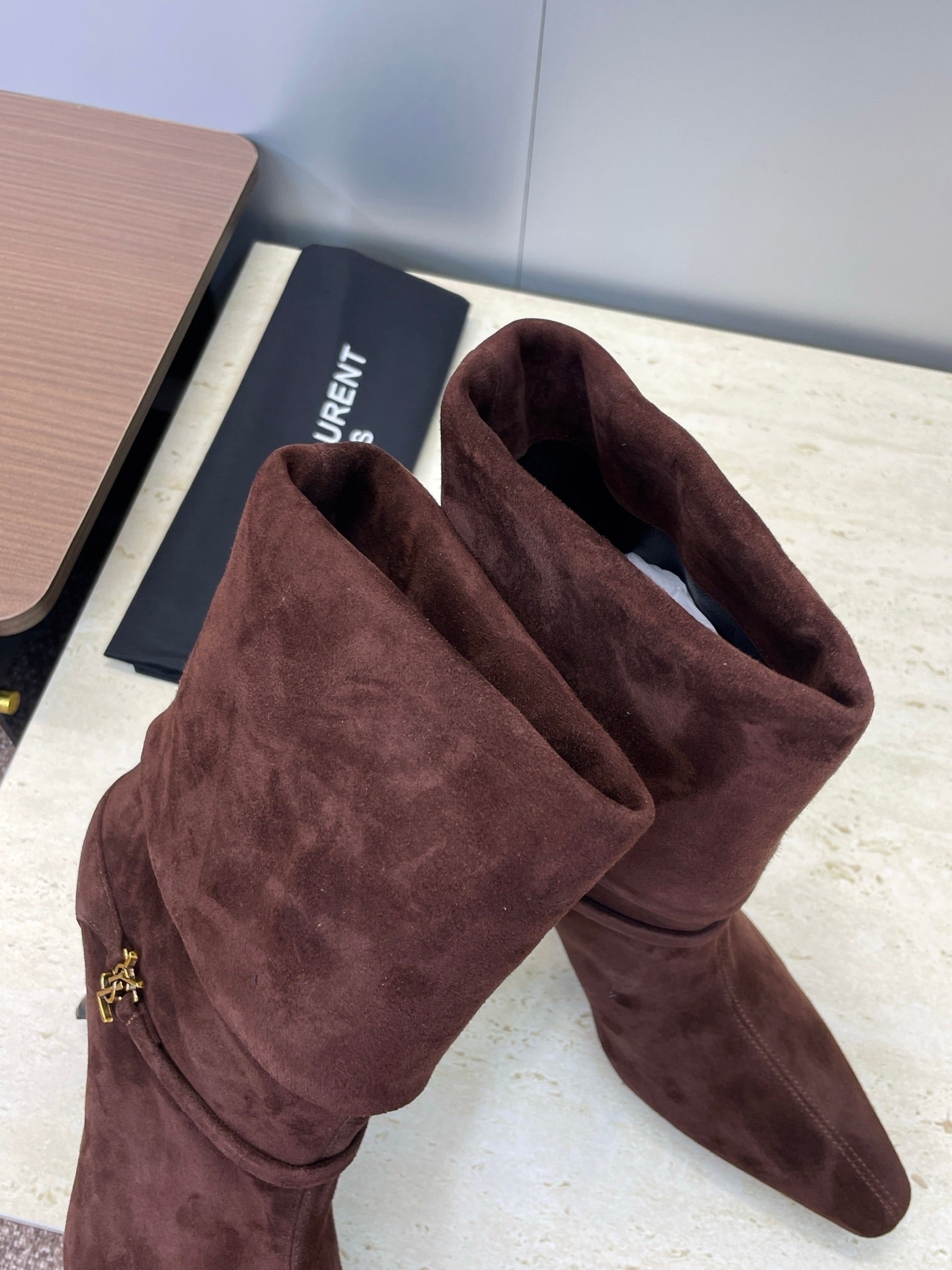 YSL 25S NIKI POINTED-HEEL ANKLE BOOTS 95 MM IN DARK BROWN SUEDE WITH GOLD HARDWARE