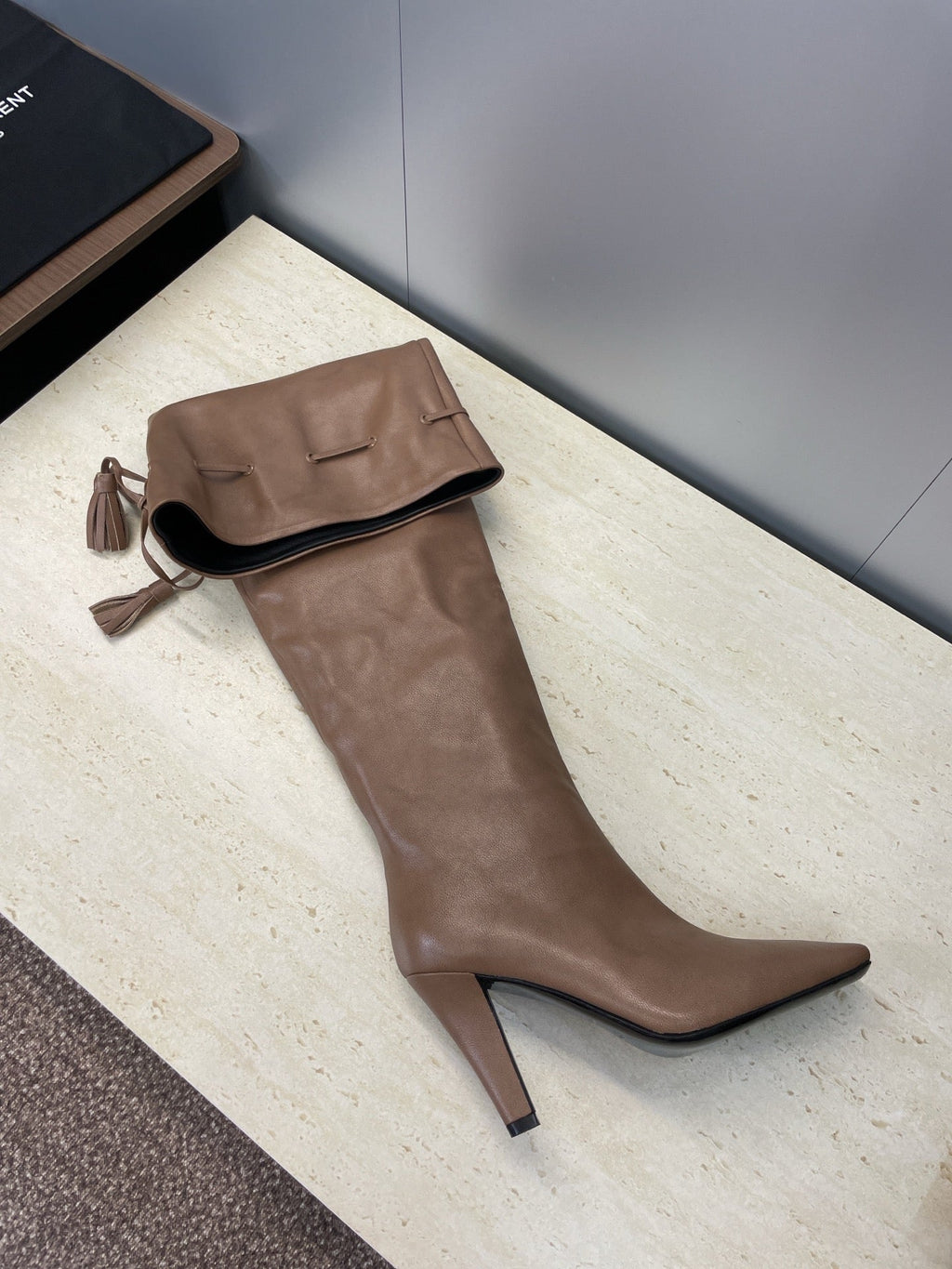 YSL 25S HIGH‑HEEL FRINGED MARTIN BOOTS 90 MM IN CHESTNUT BROWN LAMBSKIN