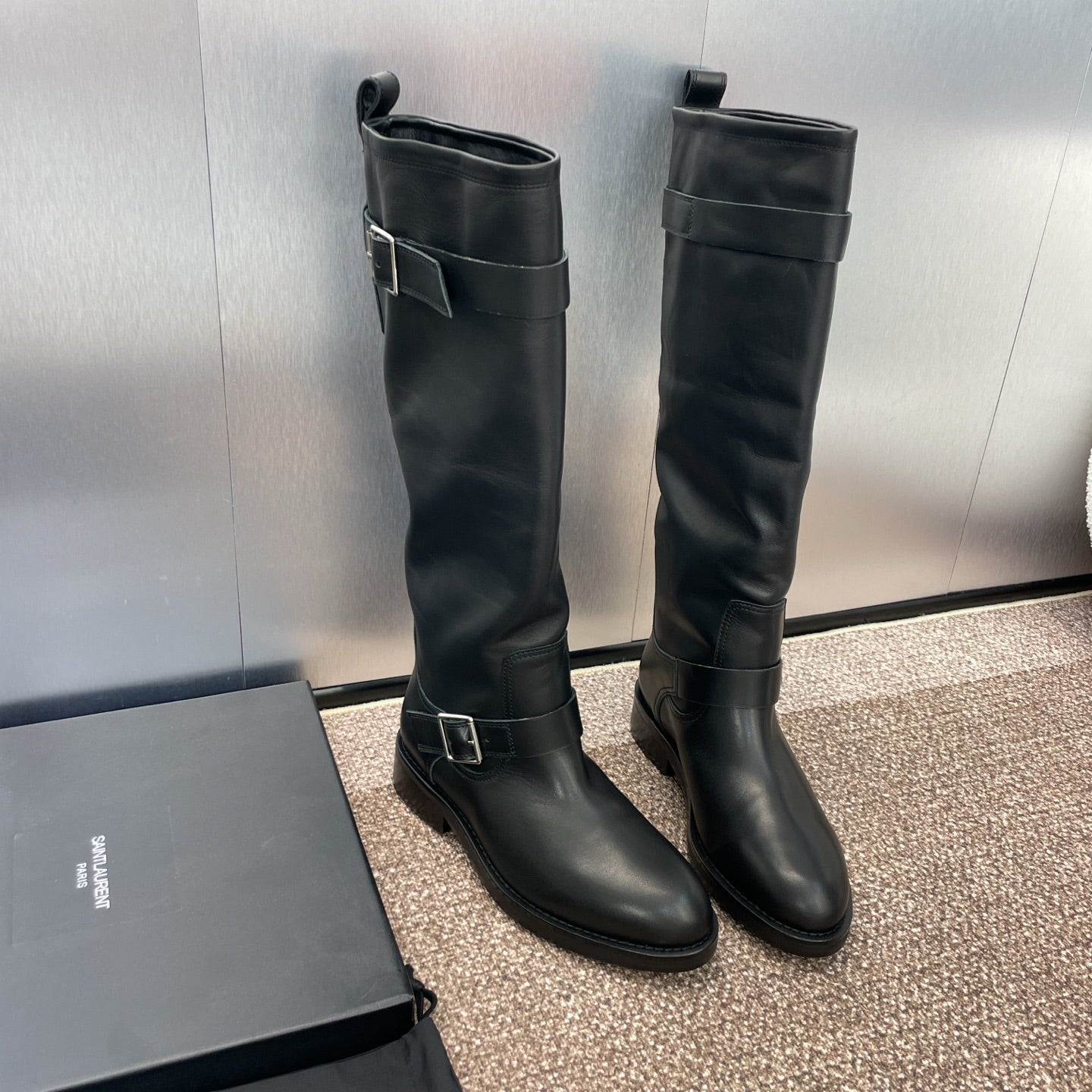 YSL 25S KNEE-HIGH BOOTS 30 MM IN BLACK LAMBSKIN WITH SILVER HARDWARE