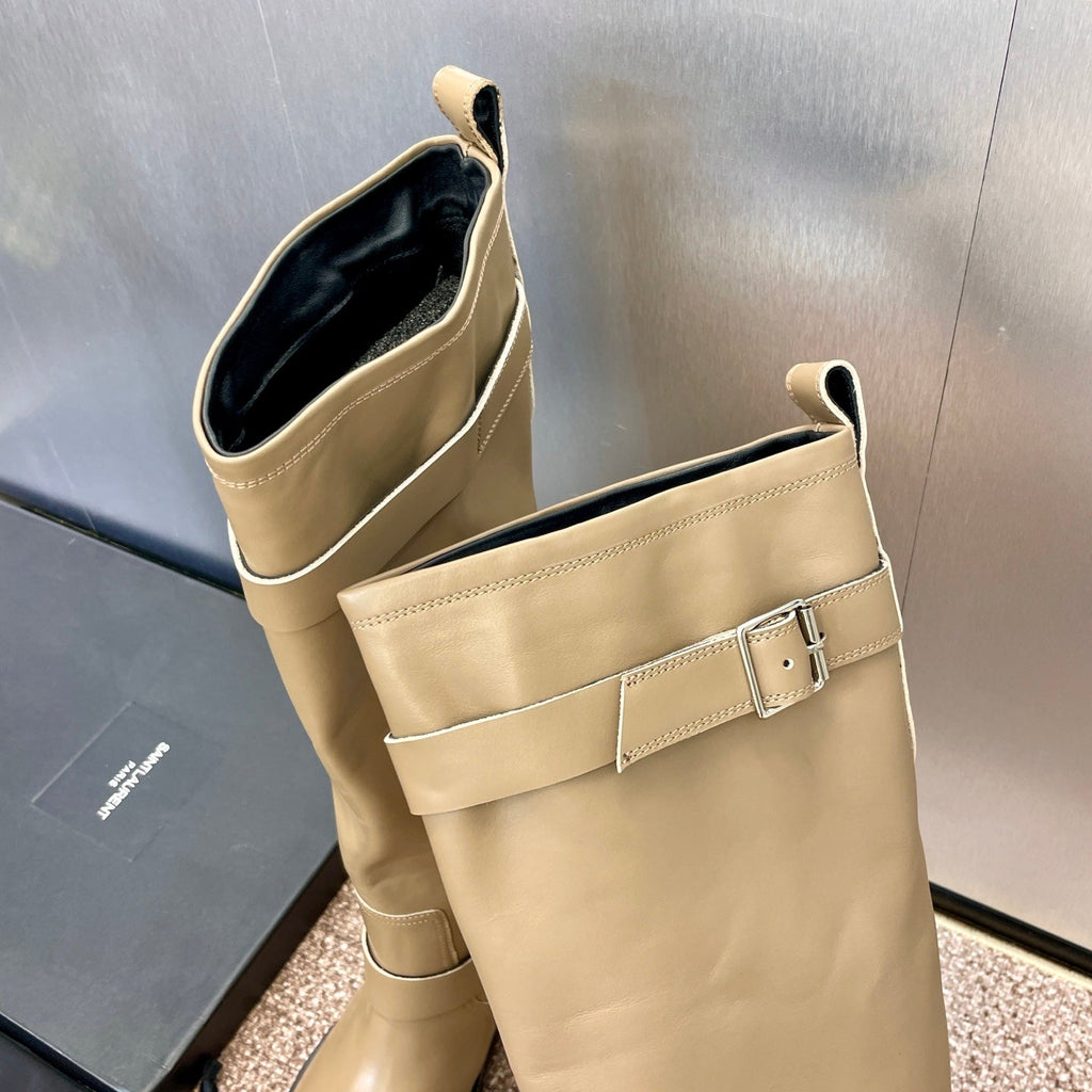 YSL 25S KNEE-HIGH BOOTS 30 MM IN BEIGE LAMBSKIN WITH SILVER HARDWARE