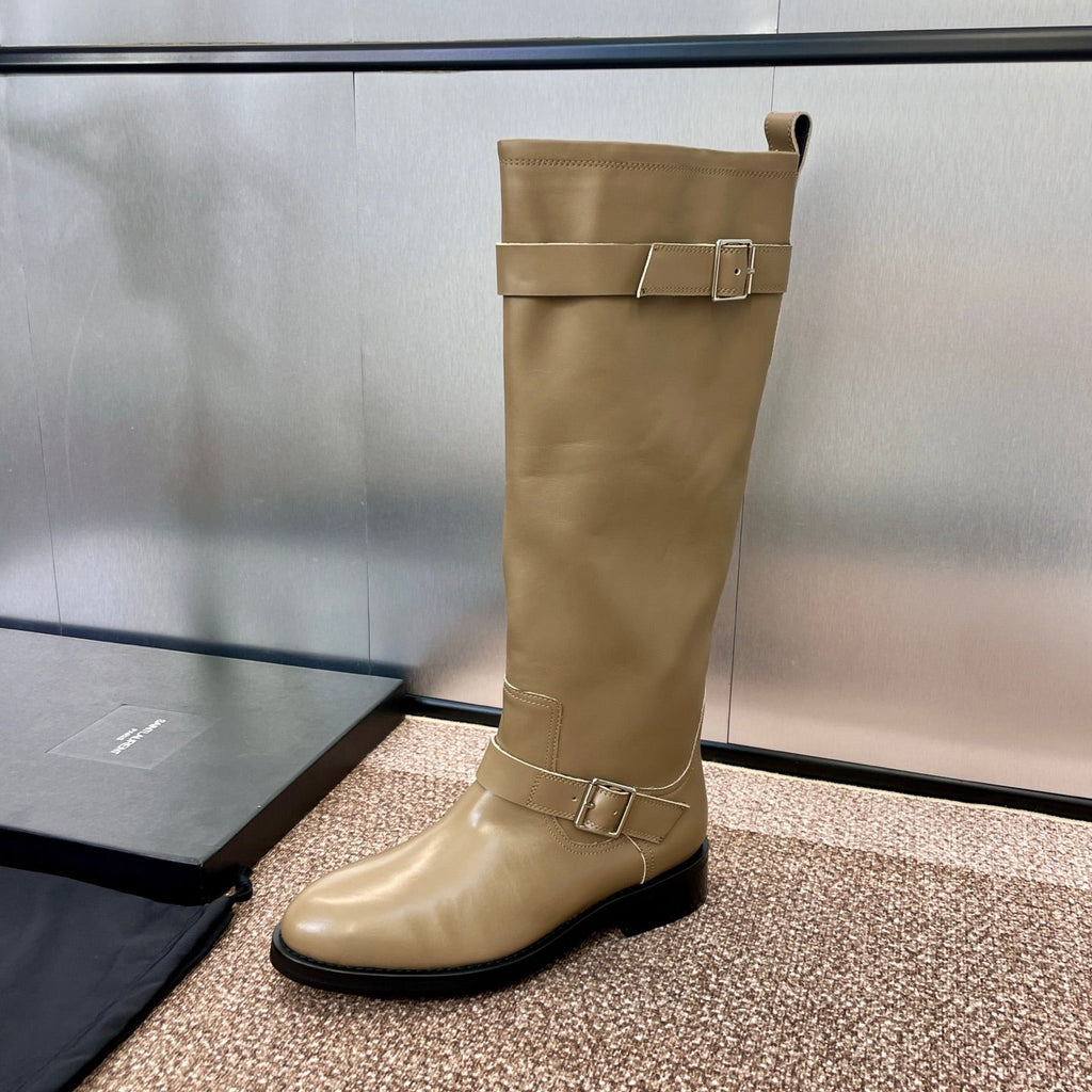 YSL 25S KNEE-HIGH BOOTS 30 MM IN BEIGE LAMBSKIN WITH SILVER HARDWARE