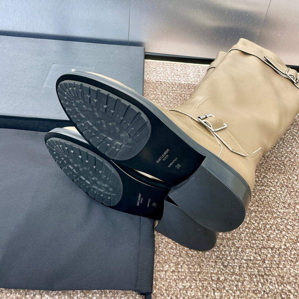 YSL 25S KNEE-HIGH BOOTS 30 MM IN BEIGE LAMBSKIN WITH SILVER HARDWARE