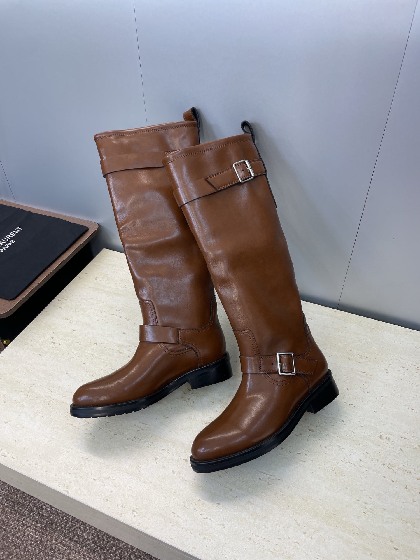 YSL 25S KNEE-HIGH BOOTS 30 MM IN BROWN LAMBSKIN WITH SILVER HARDWARE
