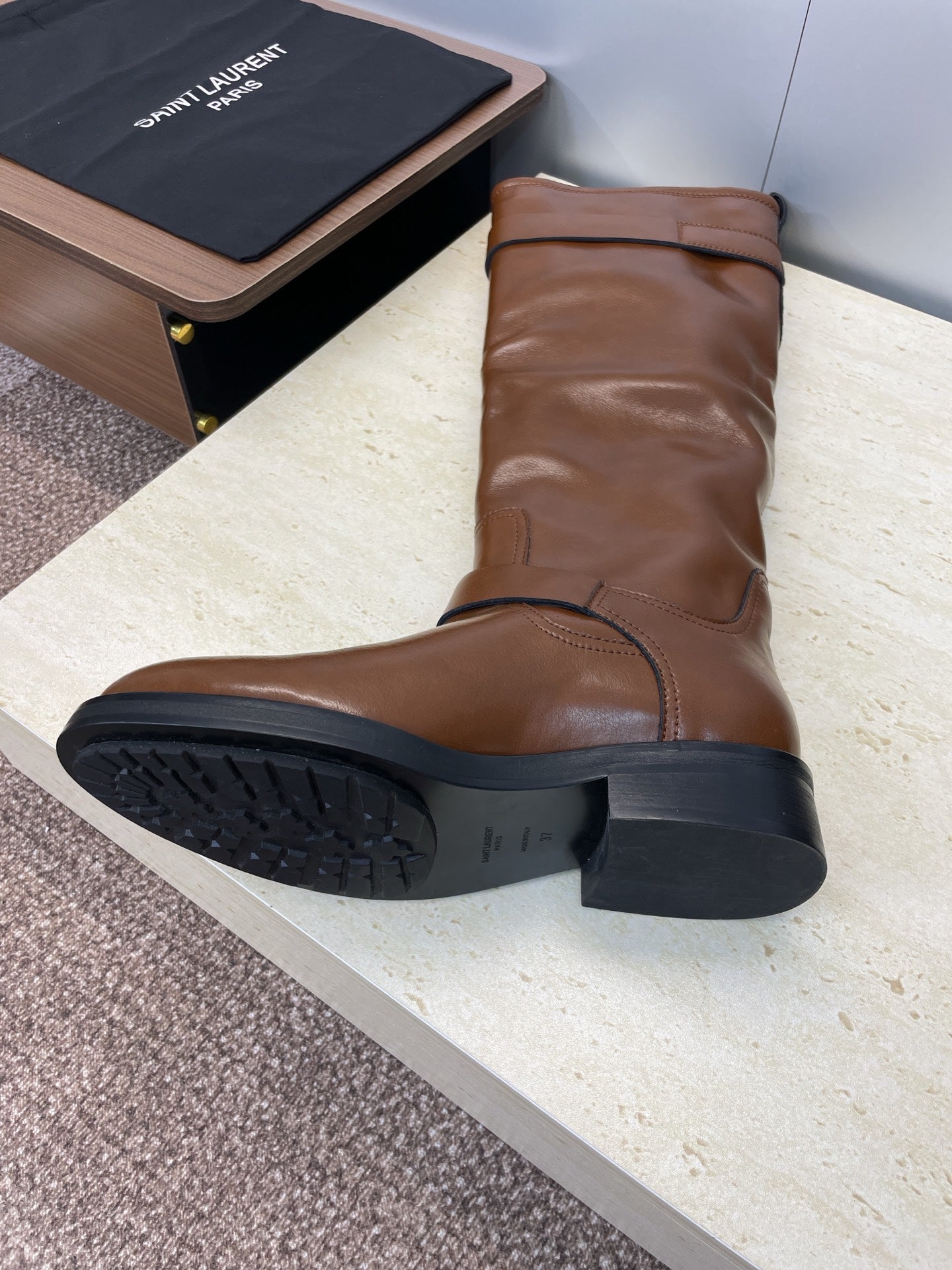 YSL 25S KNEE-HIGH BOOTS 30 MM IN BROWN LAMBSKIN WITH SILVER HARDWARE