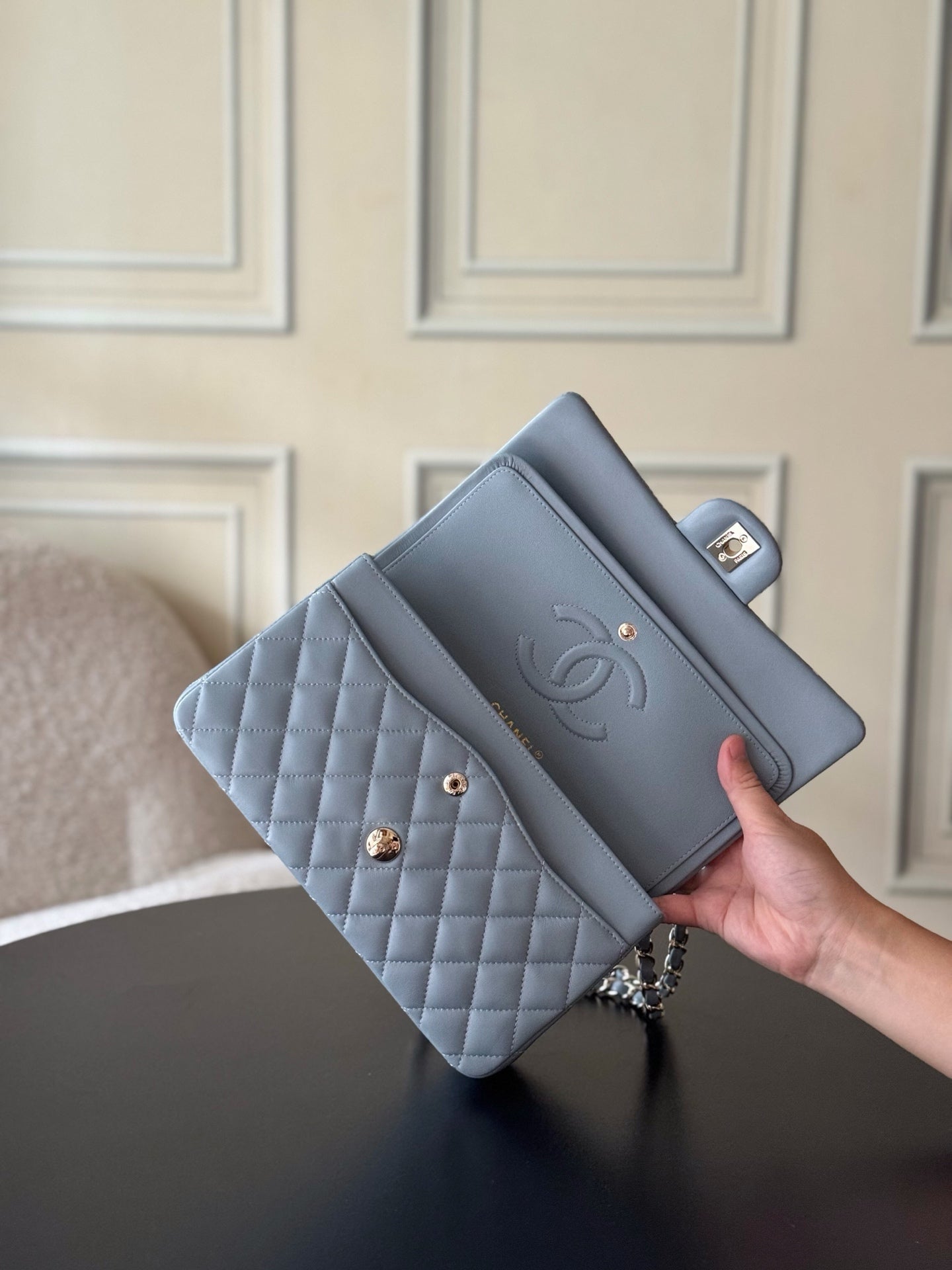 CHANEL 25S CLASSIC FLAP BAG 25 CM IN SLATE BLUE GRAY LAMBSKIN WITH GOLD HARDWARE