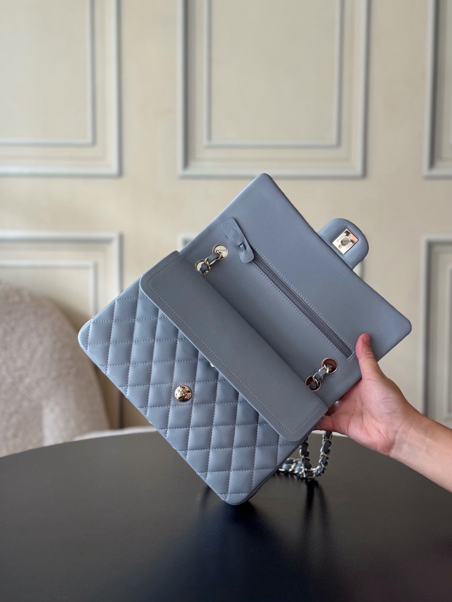 CHANEL 25S CLASSIC FLAP BAG 25 CM IN SLATE BLUE GRAY LAMBSKIN WITH GOLD HARDWARE