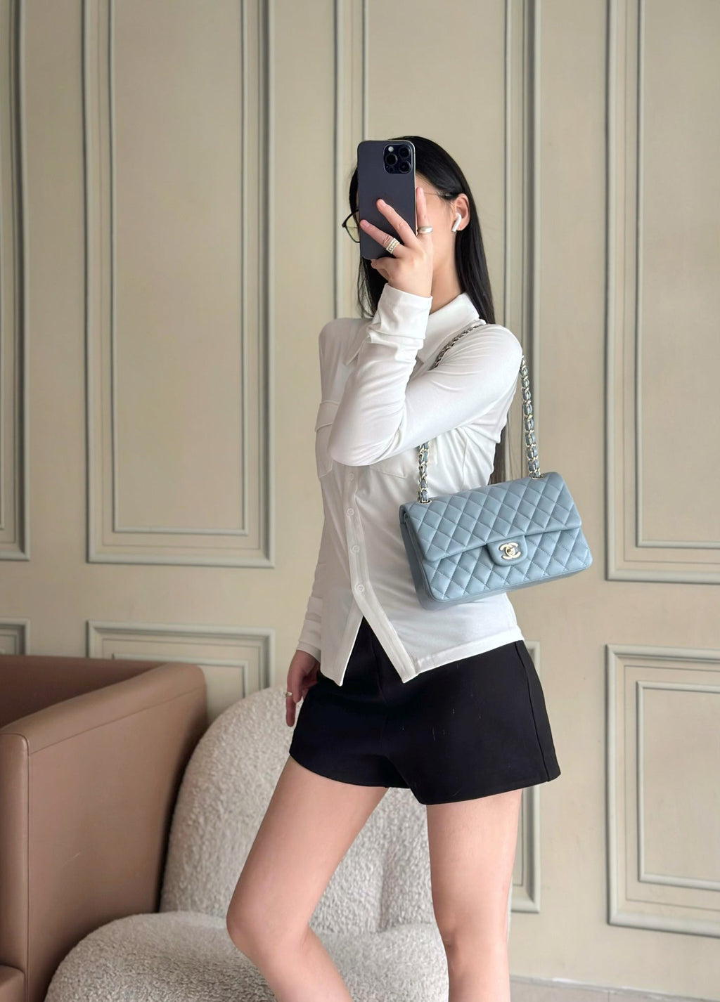 CHANEL 25S CLASSIC FLAP BAG 25 CM IN SLATE BLUE GRAY LAMBSKIN WITH GOLD HARDWARE