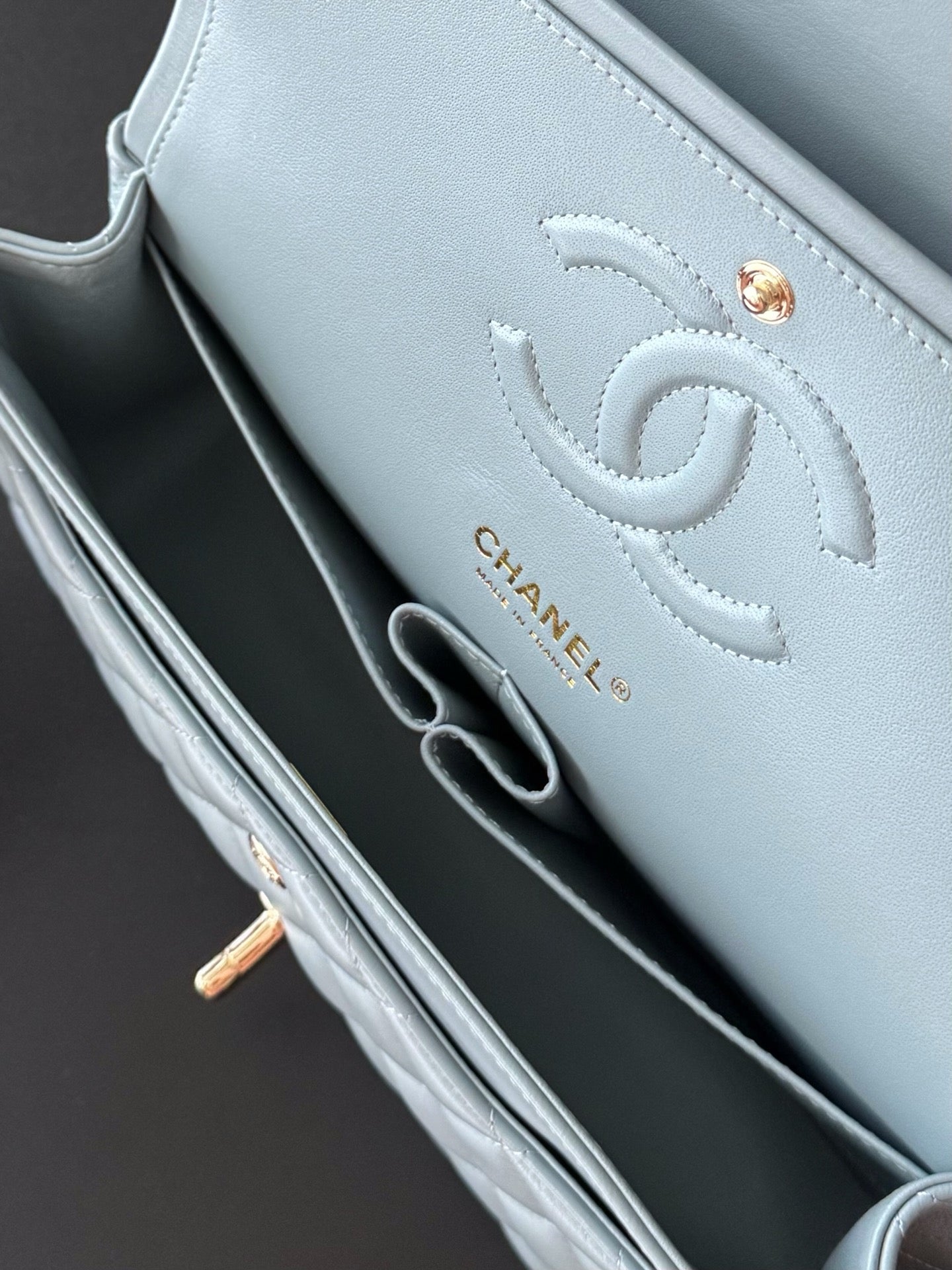 CHANEL 25S CLASSIC FLAP BAG 25 CM IN SLATE BLUE GRAY LAMBSKIN WITH GOLD HARDWARE